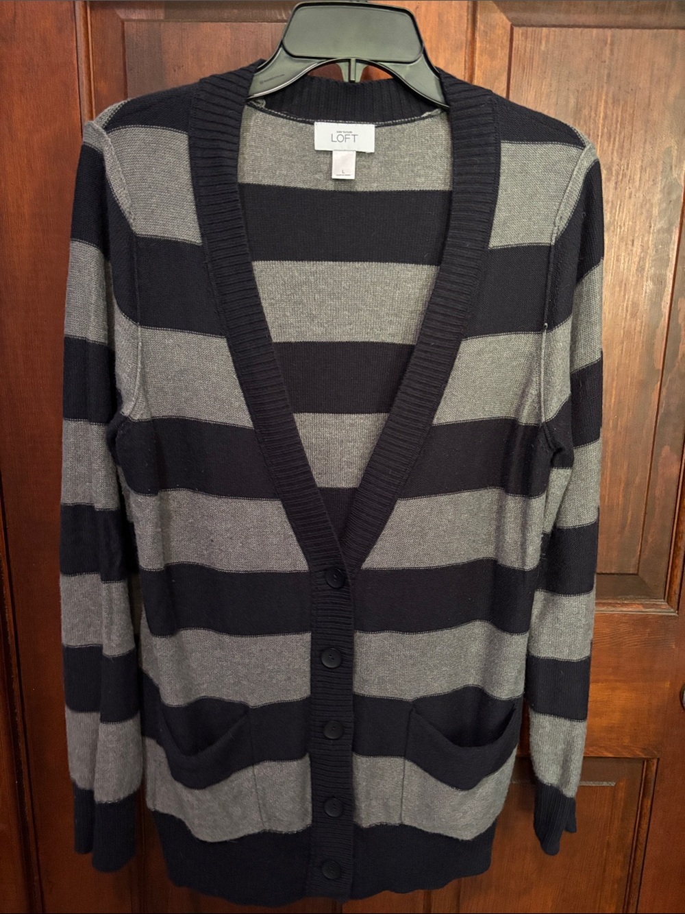 LOFT Black and Gray Striped V‑Neck Cardigan